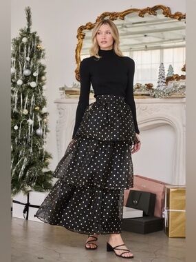 Sugar Lips NWT Tiered Black Maxi Skirt with Gold Polka Dots